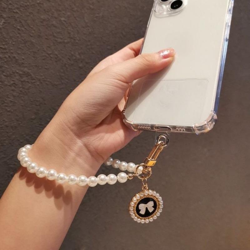 1Pc Glass Pearl Beaded Mobile Phone Chain Bow Accessories Pendant Keychain Girl Cute Bag Pendant