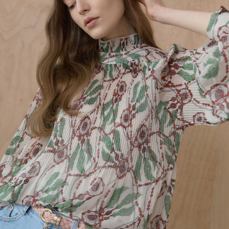 MAXZA Dreamcatcher Print Pleats High Neck Chiffon Blouse Cc05qb600on