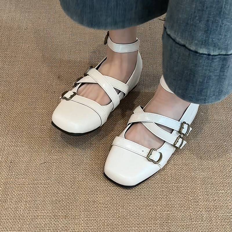 Design sense French retro women's square head shallow mouth single shoes summer fashion cross strap belt buckle Mary Jane shoes
