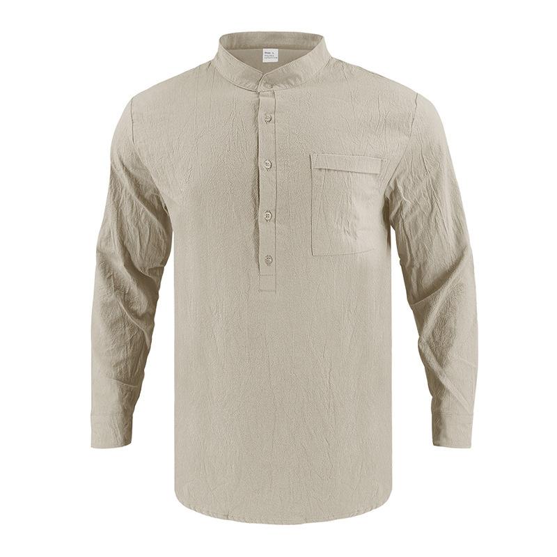 Linen T-Shirt Men Henley Neck Pocket Casual Beach Long Sleeve Solid Color Male Tops Vintage Streetwear TShirts