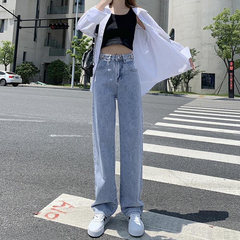 

Регулируемые джинсы с высокой талией для женщин - Осень 2021, Корейский стиль, Облегающие прямые широкие брюки в пол 2XL