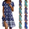 Sukienka Boho z krótkim rękawem dla kobiet, luźna, letnia, swobodna, z nadrukiem kwiatowym i kieszeniami
