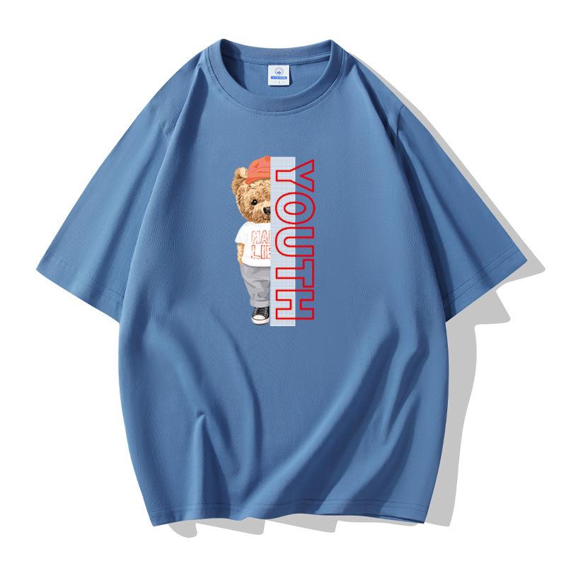Men's Short Sleeves Cotton T-shirt Cute Bear Pattern Large Size Loose Tee
