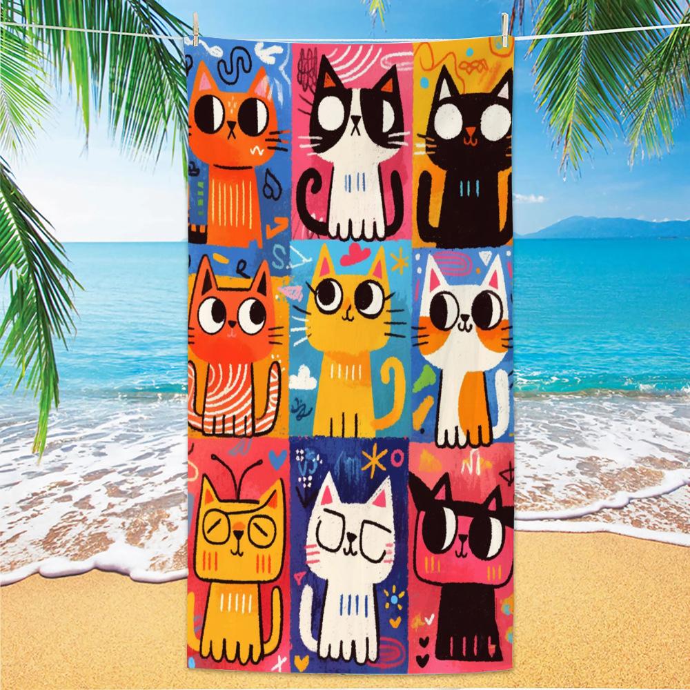 Cute and Cute Cat Cartoon Microfiber Beach Towel Quick Drying Lightweight Absorbent Bath Towel Outdoor Travel Pool Bath Towels