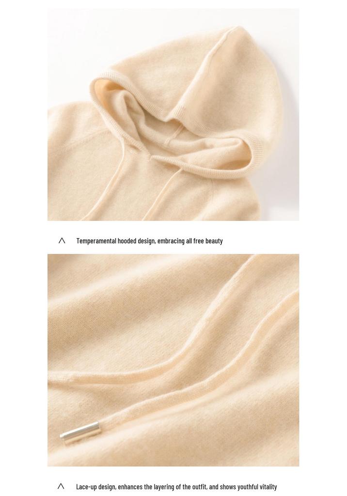 Women's Long Sleeve Cashmere Drawstring Hoodie – Autumn/Winter Versatile Knit Sweater Top