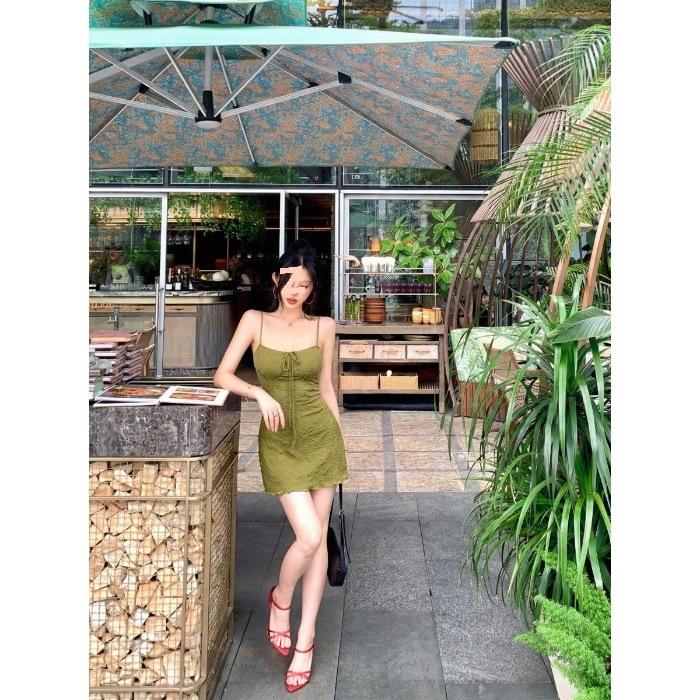 Vintage vacation suspender dress women's 2026 summer pure desire waist slim skirt pure desire spice girl green skirt