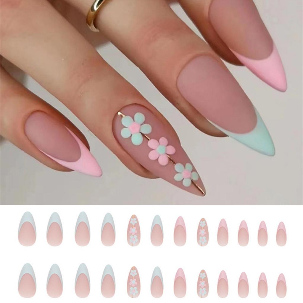 24 Pcs Simple Pink Press On Nails With Silver Glitter Powder Decor Removable Fake Nail Tips Set
