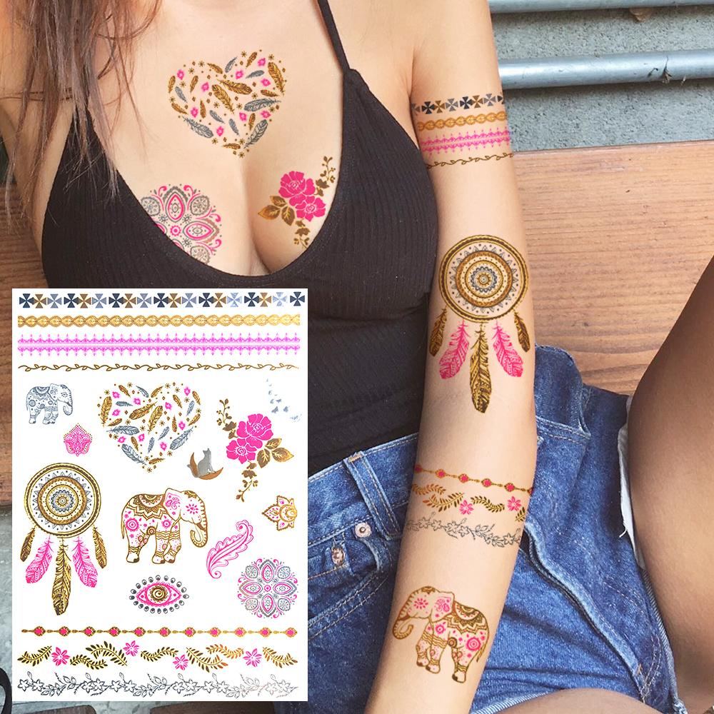 Golden Turtle Anchor Temporary Tattoo For Women Adult Realistic Compass Flower Fake Tattoo Sticker Washable Body Art Tatoo Decal