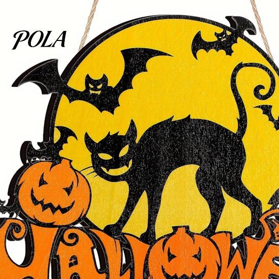 Retro Moon Wall Ornament Halloween Wood Door Hanger Sign, Pumpkin And Black Cat Printed, with Hemp Festive Party Decoration Rope Lanyard, Decorative