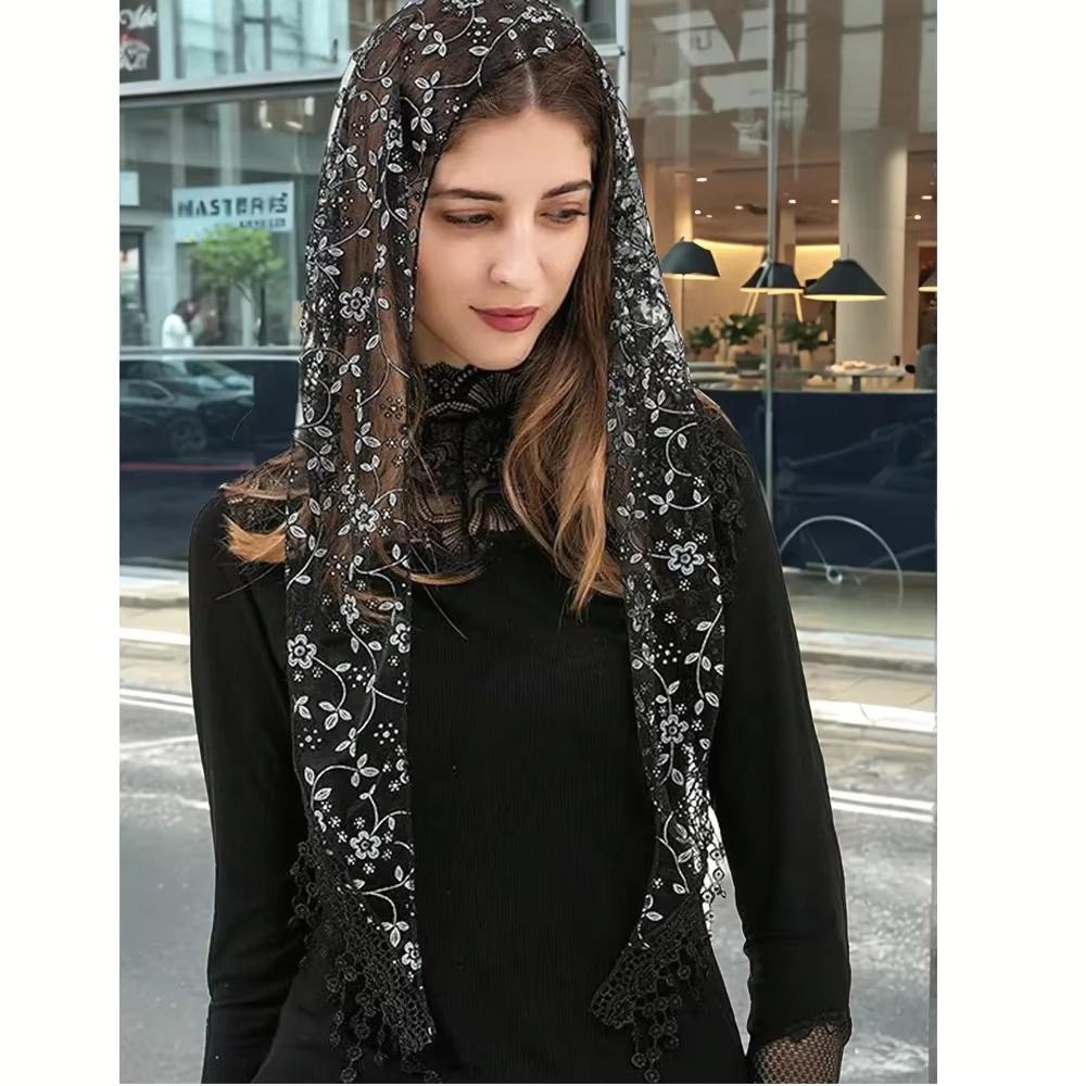 Triangular knitted floral scarf for women, shawl with tassels, casual, classic, transparent, breathable, sun protector