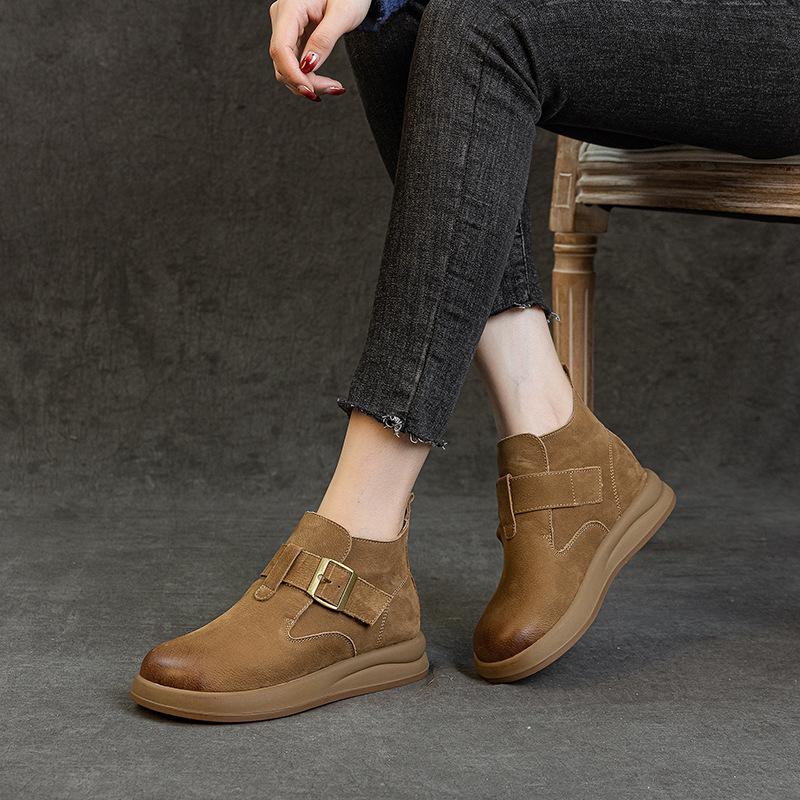 Women's Thick Soled Non Slip Casual Artistic High Top Women's Leather Shoes Autumn and Winter New Addition Velvet Short Boots