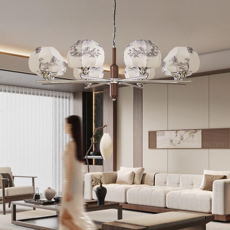 Song Dynasty-Style Chandelier: Retro Nanyang Design with Fabric and Walnut Wood for Living Room, Bedroom, or Dining Room
