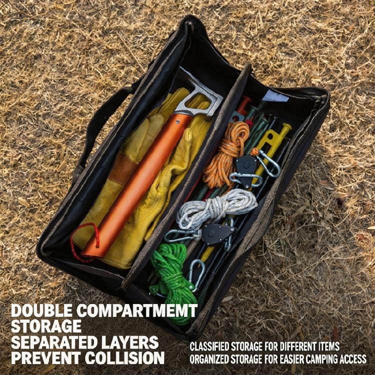Camping Accessory Storage Bag with Double Zippered Divider Layout and Handle for Tent Stakes Cord and Small Tool