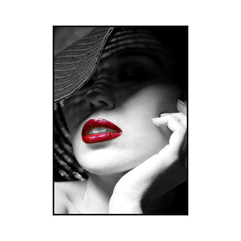 Modern Black and White Sexy Smoking Women with Red Lip Hat Canvas Painting Wall Art Pictures for Living Room Cuadros Home Decor