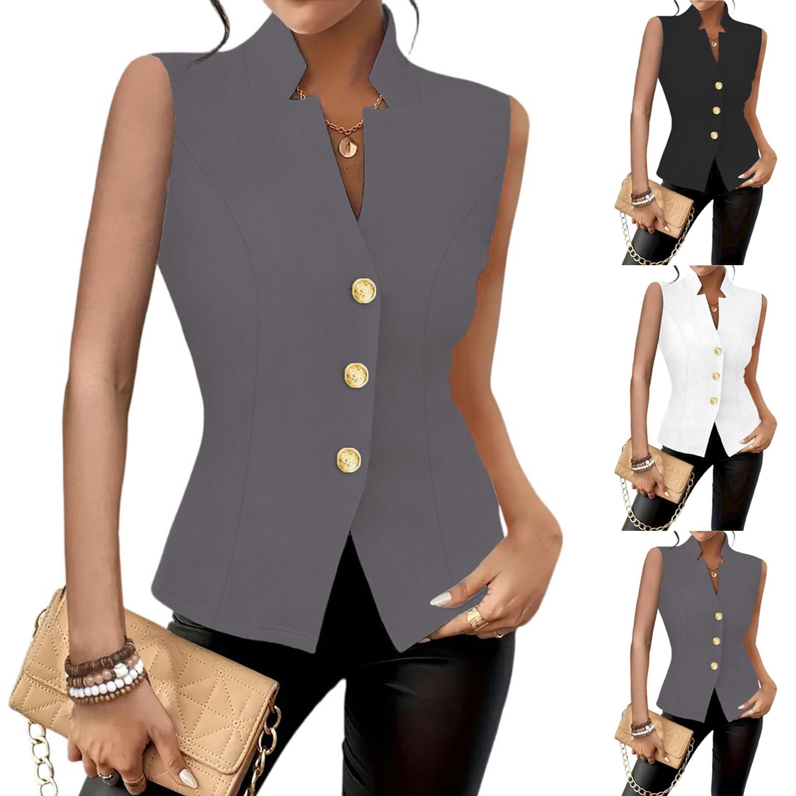 

Women s Fashion Solid Color Commuting Button Vest Vest Top L чорний