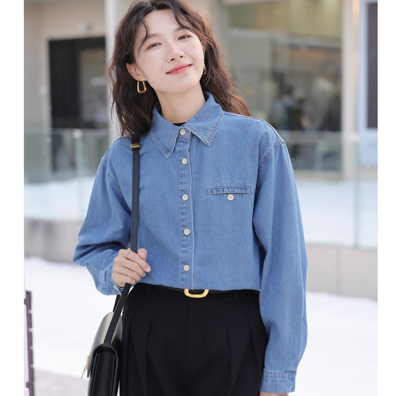 Real shot spring and autumn popular retro lazy denim shirt jacket thin top women's small 1116 spring and autumn new models