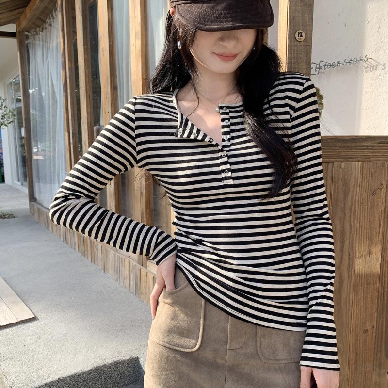 Tencel Lyocell Stripe Henley Neck Slim Fit Long Sleeve Women s Autumn/Winter Base Layer Shirt XL абрикосовый