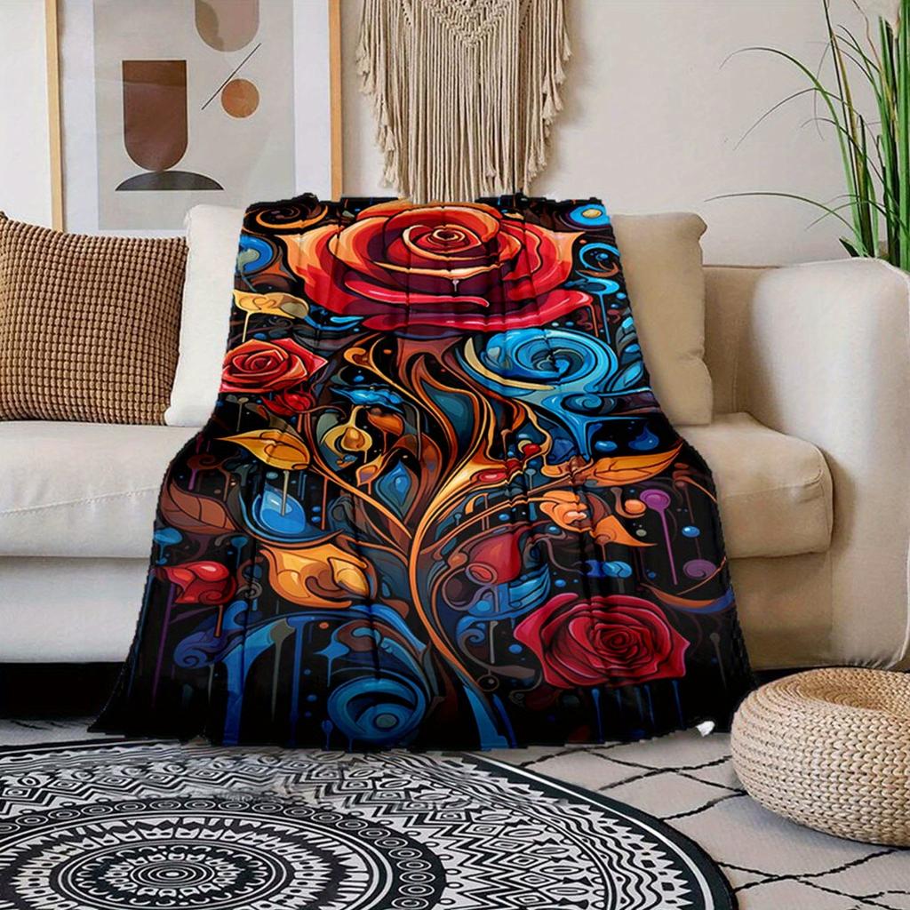 1 Stück Decke mit Rosenmuster, Flanelldecke, Weiche Warme Überwurfdecke Nickerchen-Decke für Couch Sofa Büro Bett Camping Reise