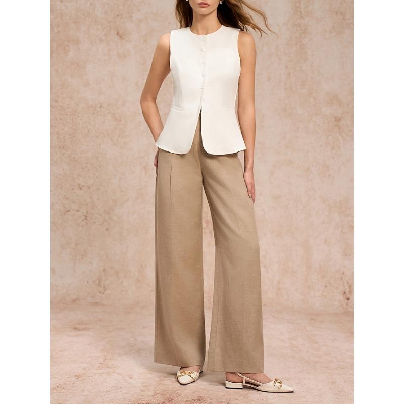 Women Crew Neck Sleeveless Waistcoat Vest Solid White Multi Button Slim Fit Office Blazer Top