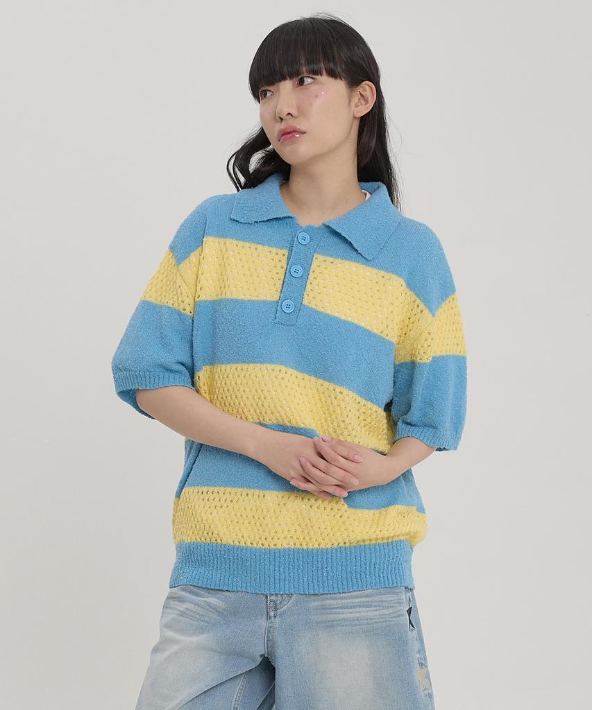 WAIKEI Sky Blue Striped Collared Short Sleeve Knit