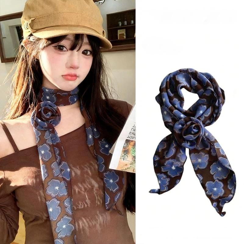 Floral Chiffon Scarf With Rose Decor Sweet Neck Scarf For Women Casual Dress Shirt Accessory
