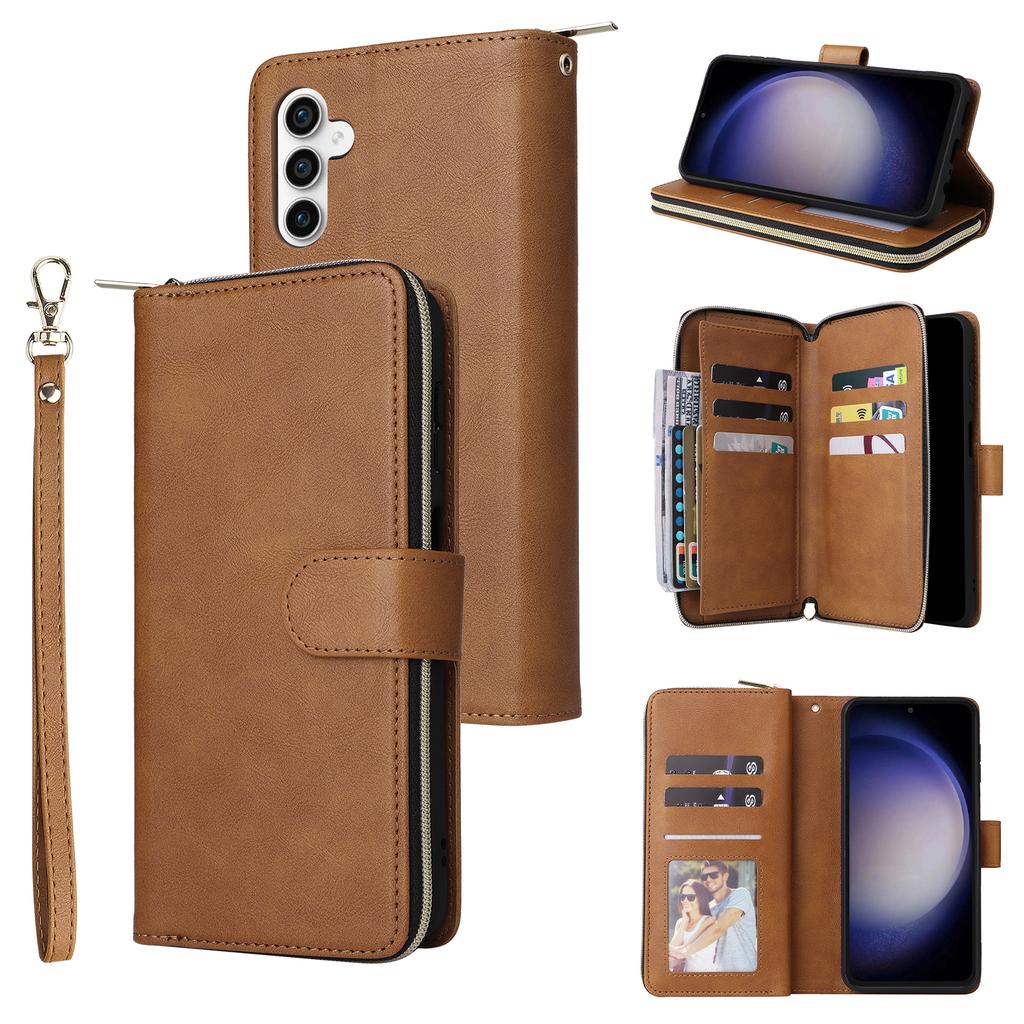 For Samsung Galaxy S25 FE Case Zipper Pocket PU Leather Phone Cover with Hand Strap