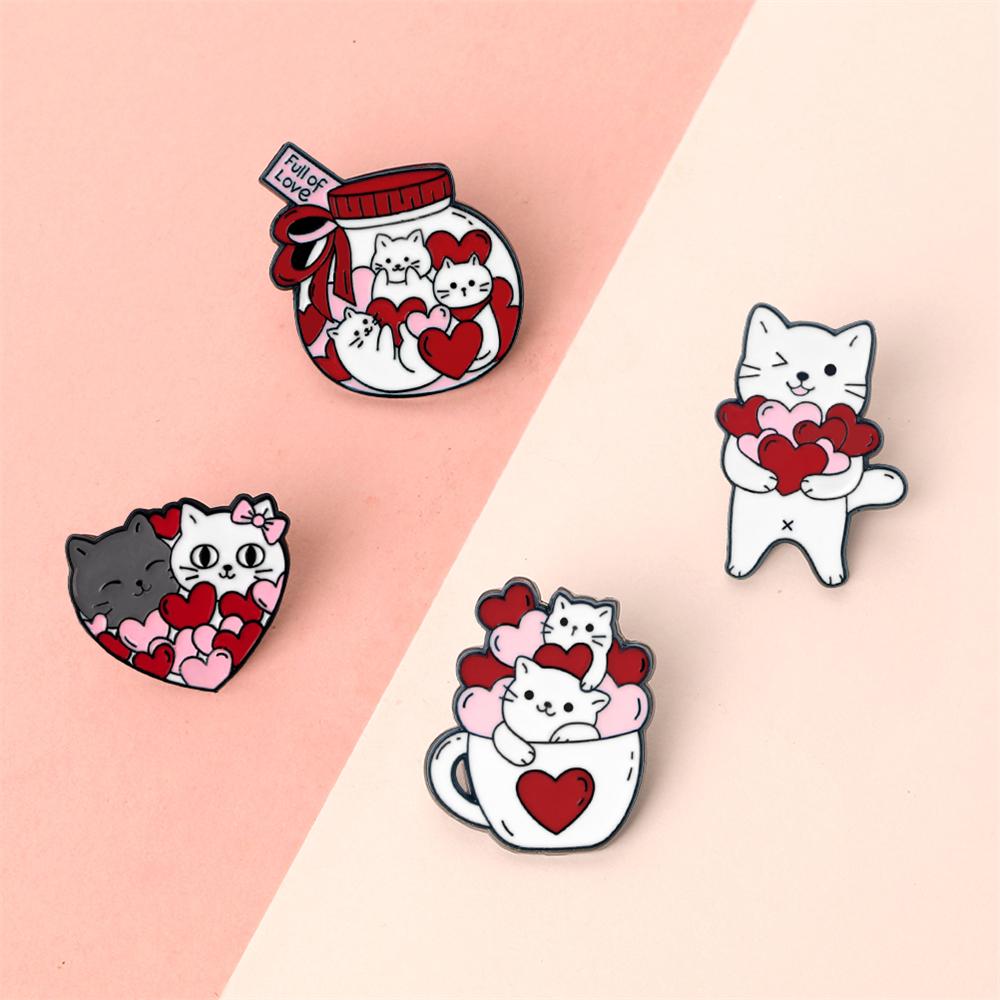 Cute Romantic Cats Love Collection Enamel Pins Cartoon White Kitten Heart Brooch Backpack Denim Lapel Badge Gifts for Girlfriend