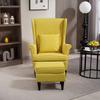 Wingback Chair with Footstool, Upholstered Armchair with Rubberwood Legs, Fabric Cover, Yellow