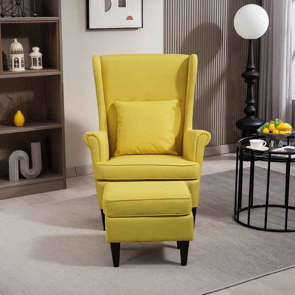 Wingback Chair with Footstool, Upholstered Armchair with Rubberwood Legs, Fabric Cover, Yellow