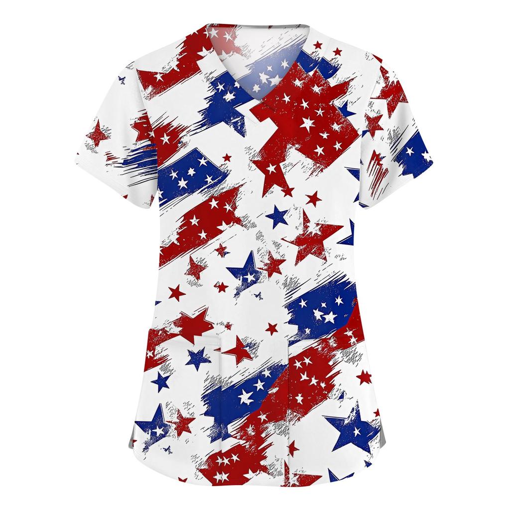Ropa de trabajo de manga corta con cuello en V a la moda para mujer con bolsillos Tops estampados