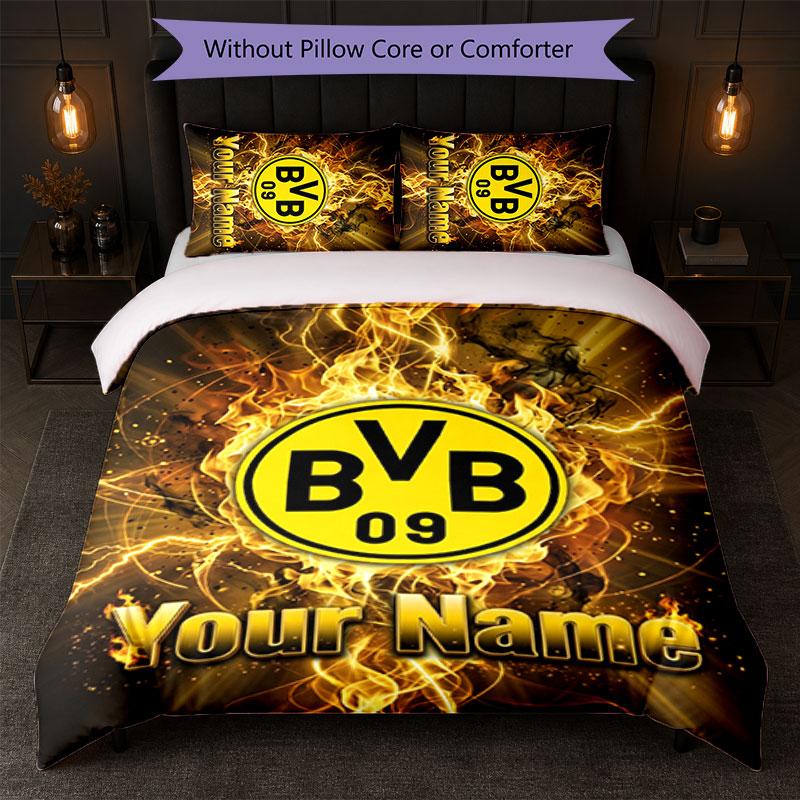 Borussia Dortmund Benutzerdefinierter Name Text Bettwäsche-Set 1 Bettbezug+2 Kissenbezüge Fußball-Logo Personalisierte Geschenkidee für besonderen Anlass Schlafzimmerdekoration