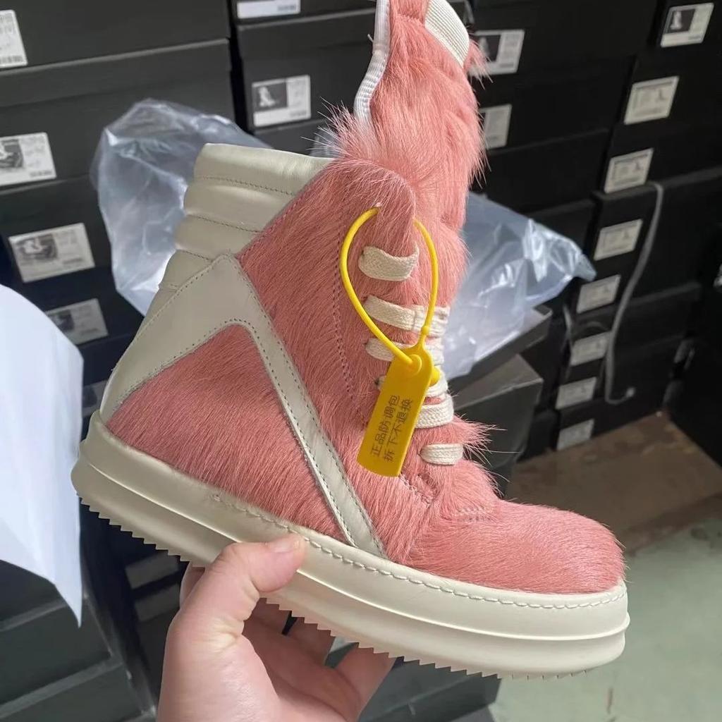 Brand Women Shoes Pink Furry Sneaker Men Shoe High-Top Sneakers Quality Horsehair Genuine Leather Fashion Designer Ankle Boots