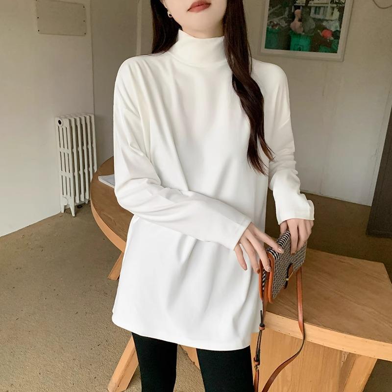 German Velvet Thickened Bottoming Shirt T-shirt for Women Autumn and Winter Half Turtleneck Loose Mid-length Sweatshirt Layered with Long-sleeved Top