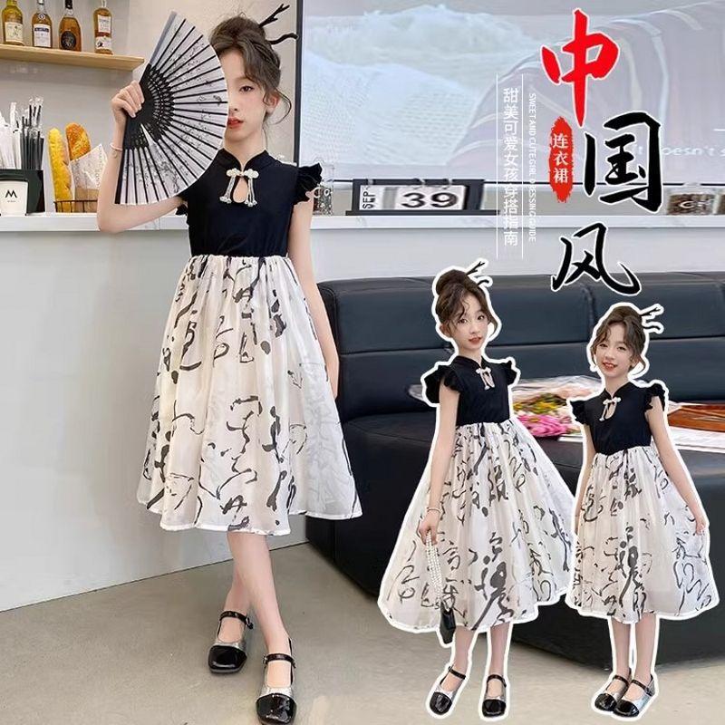 Letnia vintage sukienka Qipao dla dziewczynek Bawełna Len Krótkie bufiaste rękawy Chiński Hanfu Suknia balowa