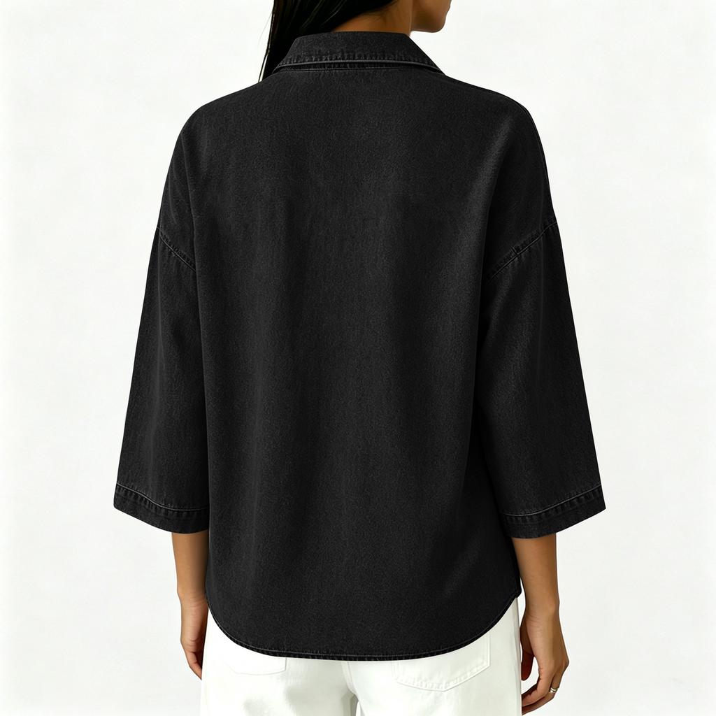 Women's loose-fitting seven-button denim blouse with decorative buttons