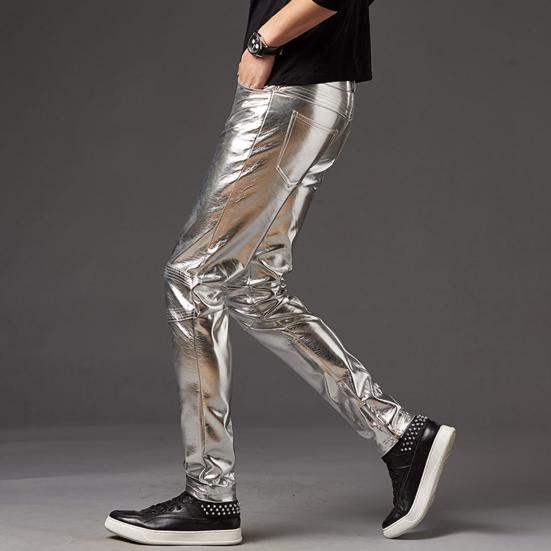 Herren Bleistifthosen Helle Oberfläche Einfarbige Reißverschlussleiste Mittlere Taille Hosen Kunstleder Schmal Geschnitten Motorradhosen Streetwear