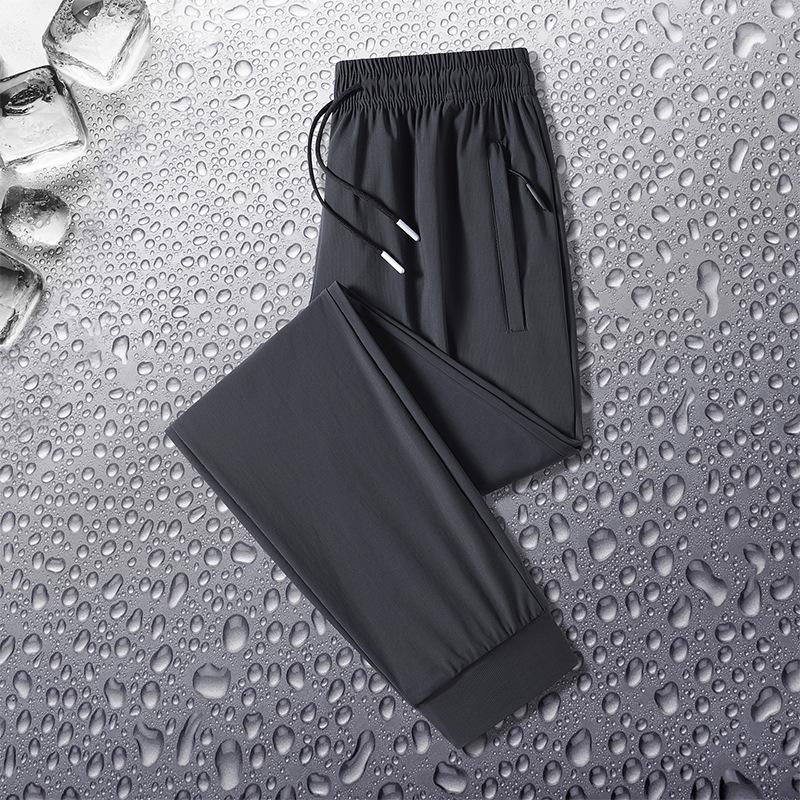 Herrenschwarze Eisenseide Gerade Bein Freizeithose Mit Kordelzug Taille