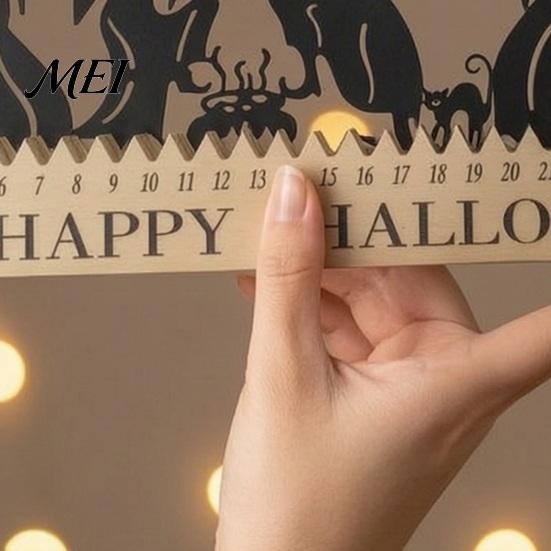 Festive Fireplace Accents Halloween Witch Silhouette Countdown Calendar with Pumpkin Bat Cat Decor, Wooden Happy Wood Ornaments Table Ornament