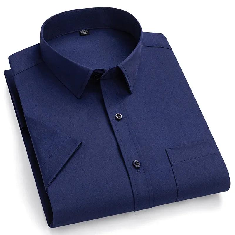 Camisa Masculina de Verão Não Amassa Anti-Rugas Casual de Negócios Cor Sólida Elástica Lisa Manga Curta Trabalho Social