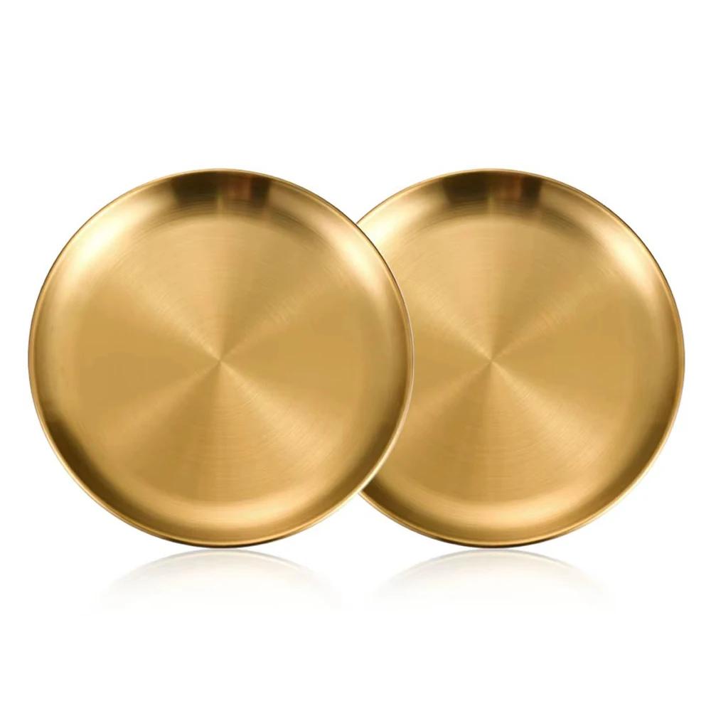 2Pcs Gold Stainless Steels Metal Round Plate Rust-Proof Shallow Tray Plate Camping Plate BBQ Picnic Dishes Cookware Tableware