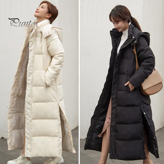 Women Cotton Coat Hooded Long Sleeve Pockets Side Slit Hem Down Jacket Solid Color Pockets Thickened Casual Outwear