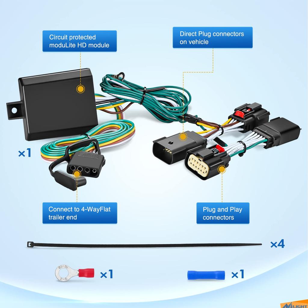 Nilight 56407 4-Way Trailer Wiring Harness Kit for Vehicle Side Custom JL Trailer Towing