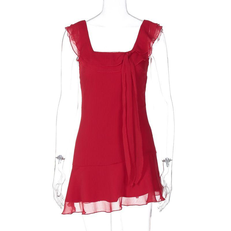 

Sleeveless Square Neck Ruffle Chiffon Dress Red M
