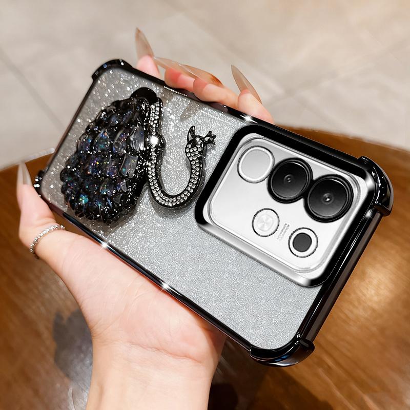 KEYSION Shockproof Plating Phone Case for VIVO Y29 4G Clear Soft TPU Glitter Jewelled Swan Kickstand Back Cover for IQOO Z10X 5G