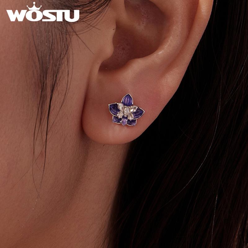 WOSTU 925 Sterling Silver Purple Orchid Flower Ear Studs Butterfly Stud Earrings For Women Original fine jewelry gift For mom