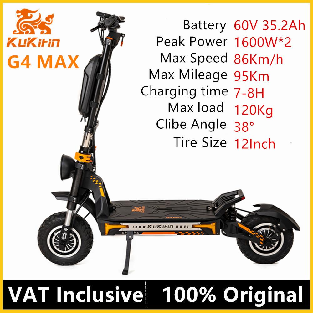 EU Stock KuKirin G4 Max Electric Scooter 2*1600W Motor 60V 35.2Ah Battery 86km/h Speed 95KM Range Off-Road Tire E-scooter