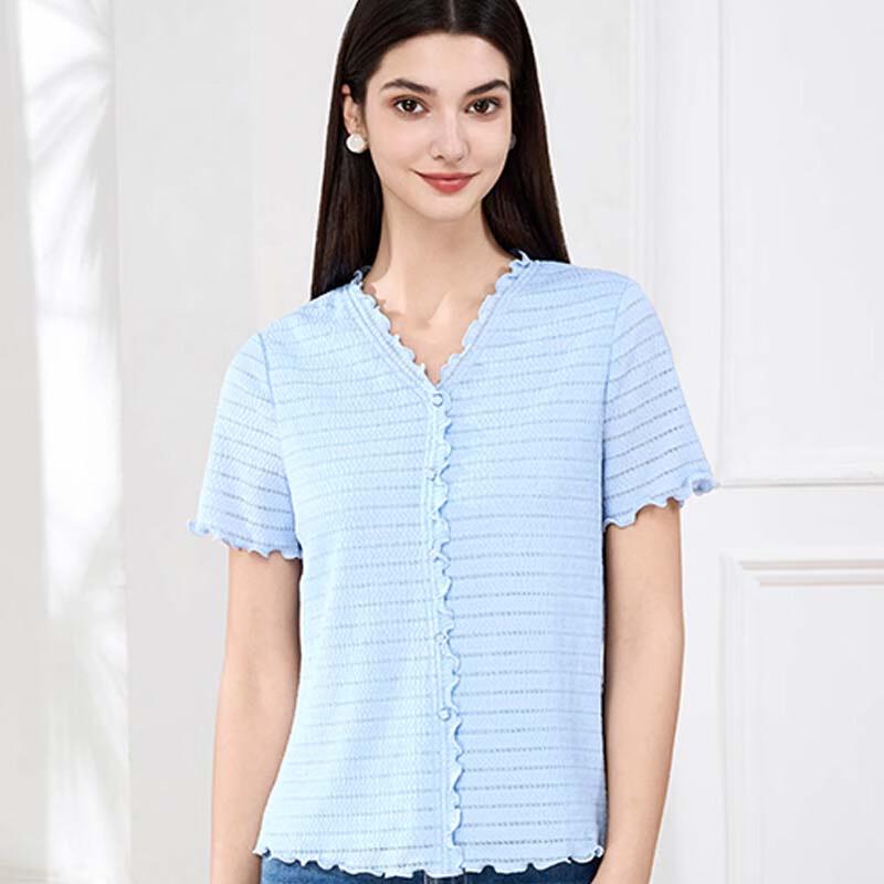JESSIE Striped Ruffle V-Neck T-Shirt DP5SCT054 M