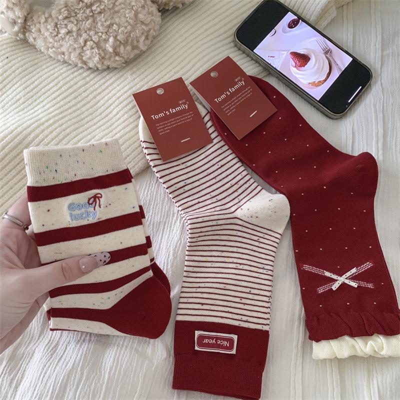 Big Red Socks, Women's Bow Polka Dot Mid-calf Socks, Wedding Red Striped Cloth Label New Year Socks, Dui Dui Socks