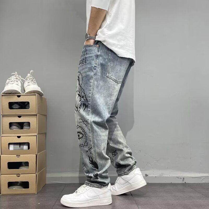 Spring Autumn Printed Straight Leg Sports Denim Pants Men's Loose Comfortable Plus Size Pants