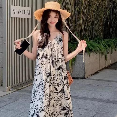 Holiday wind floral v-neck halter suspender dress for women's summer niche loose waist over knee A-shaped long dress wholesale